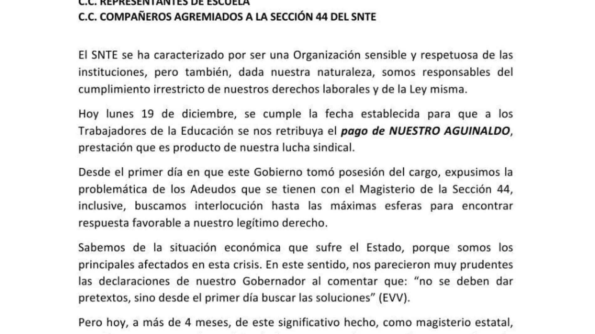 Comunicado Sección 44 del SNTE 